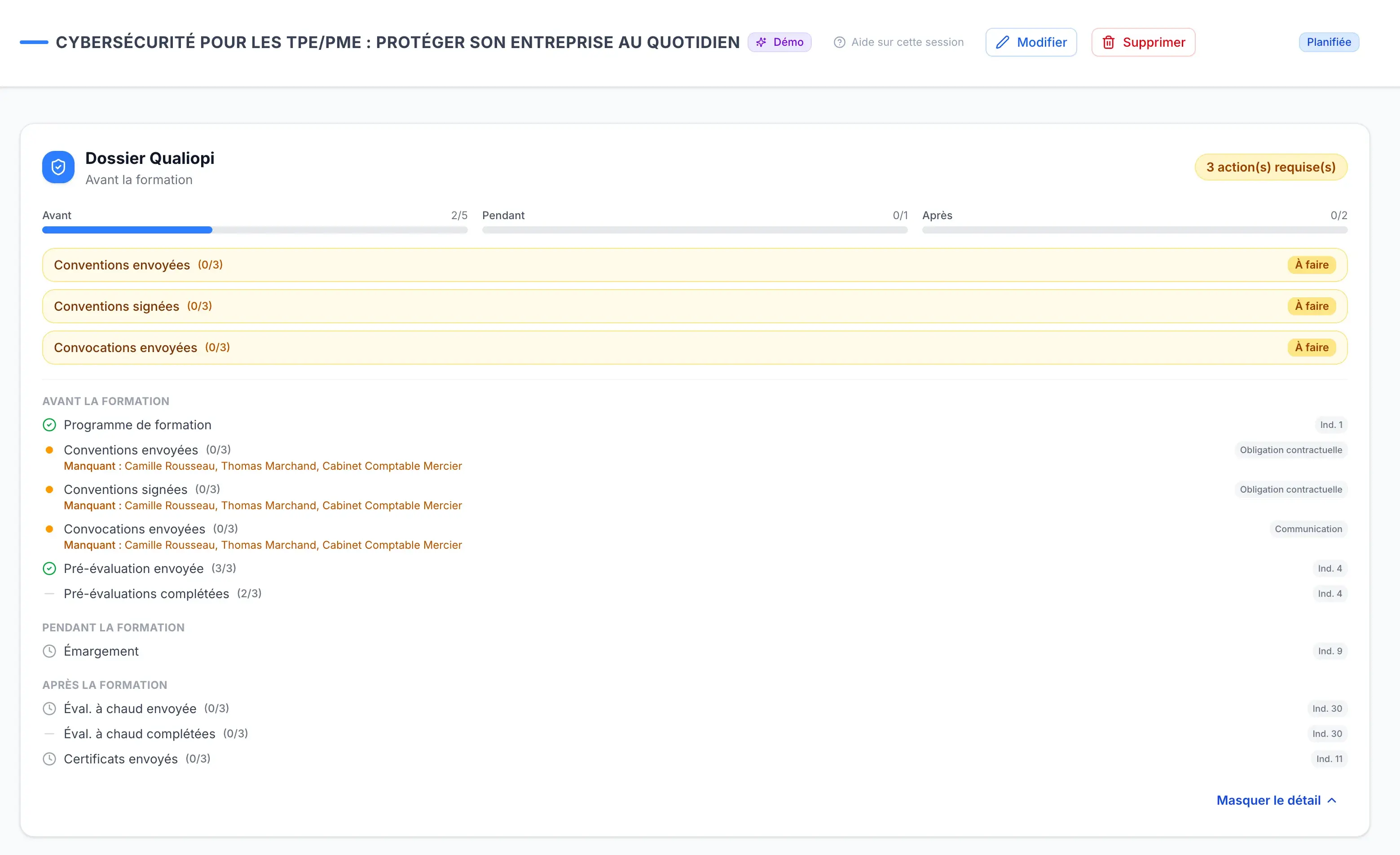Tableau de suivi de conformité Qualiopi d'une session (Dossier Qualiopi) avec les indicateurs et le statut prêt pour l'audit