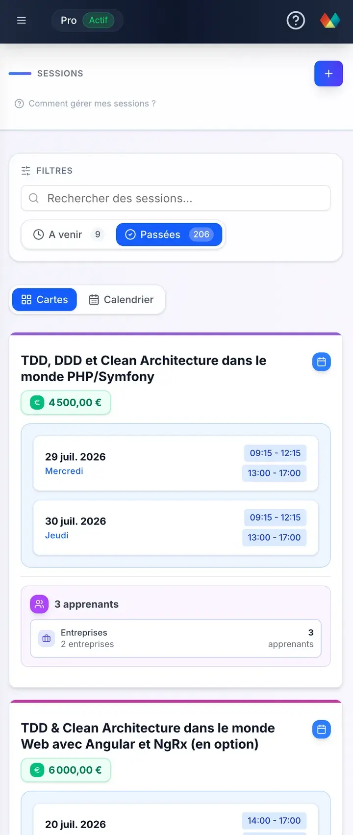 QualioForm sur smartphone, la même liste de sessions qu'au bureau