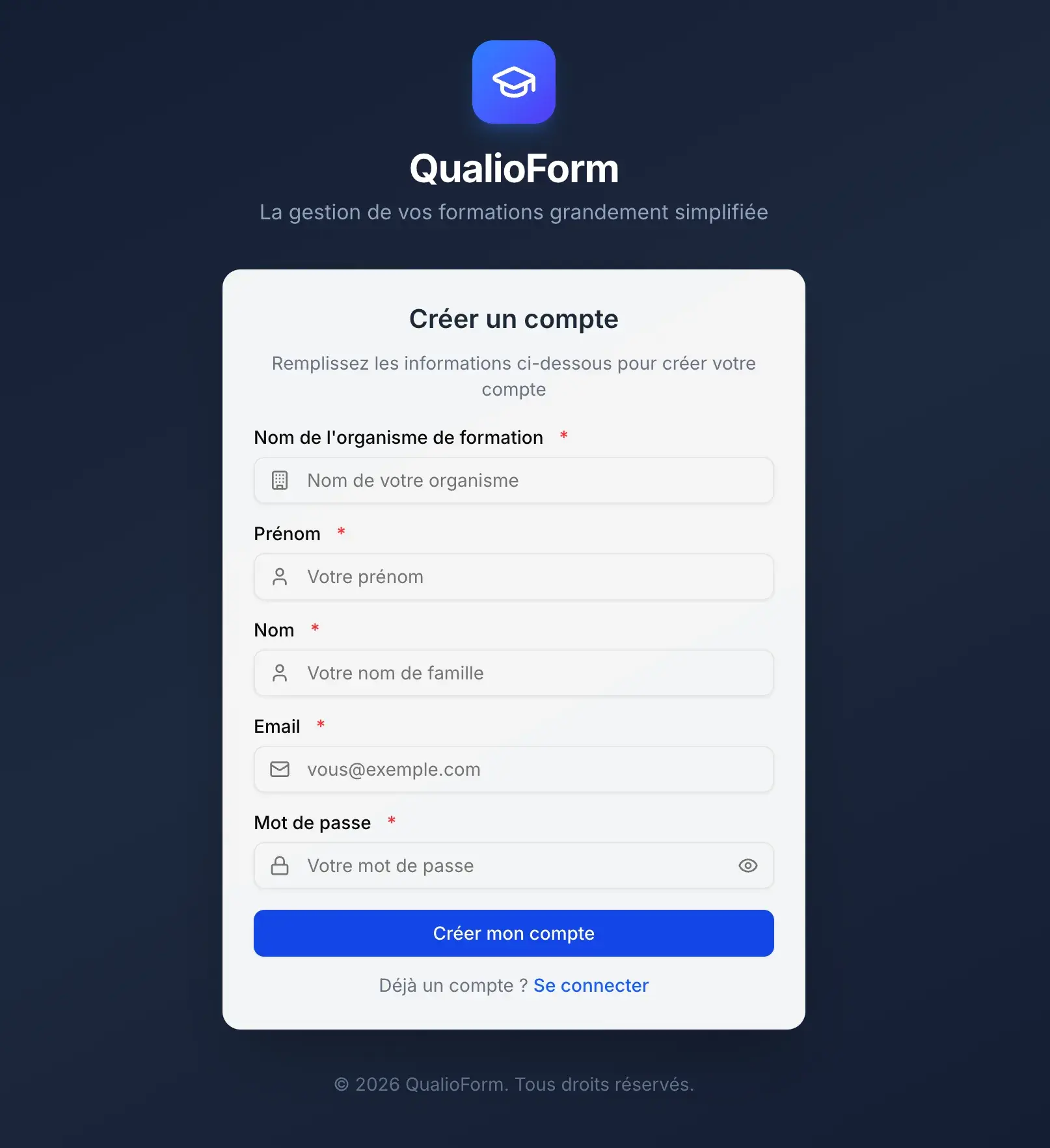 Écran de création de compte QualioForm pour un organisme de formation