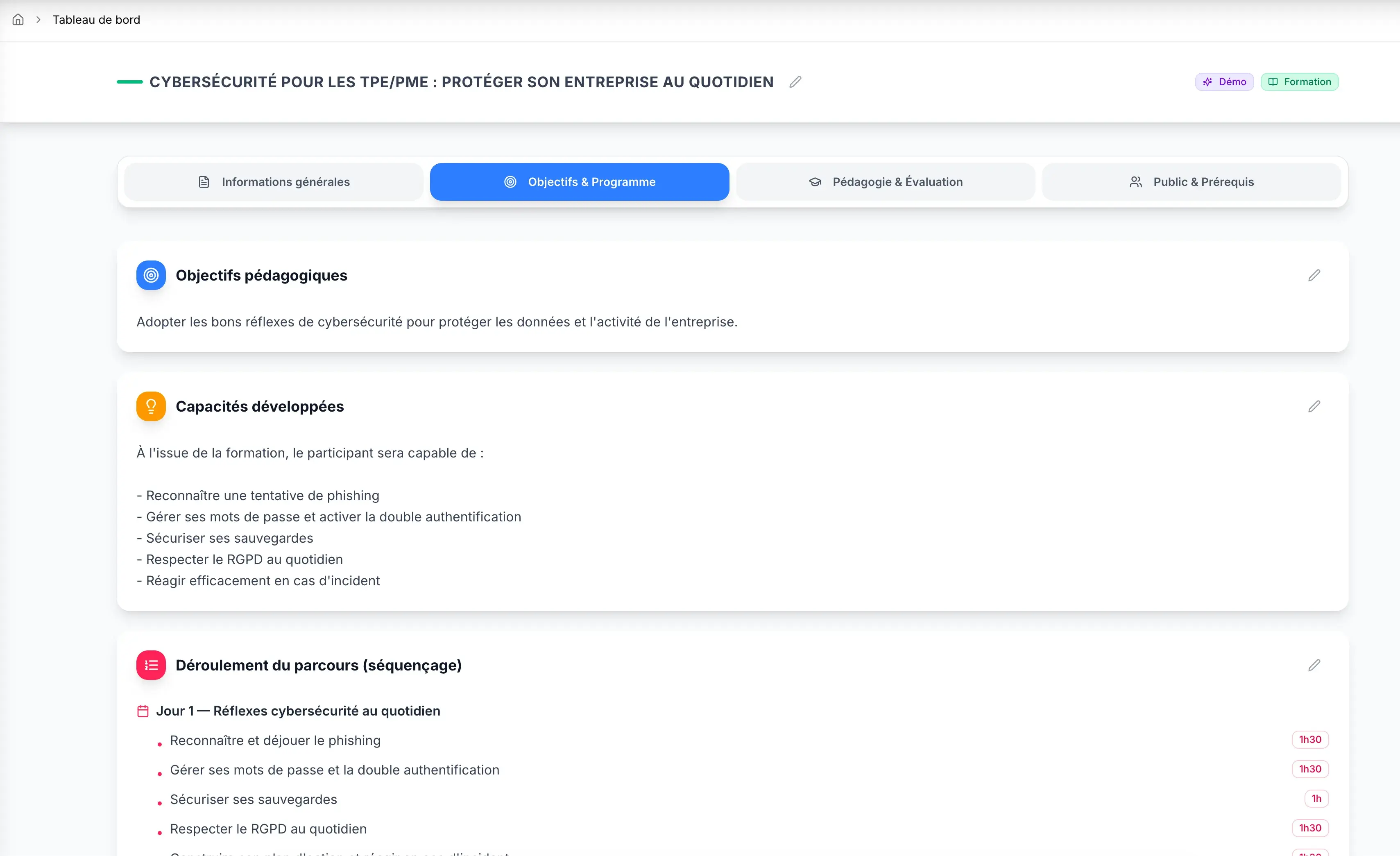 Fiche de formation détaillée avec objectifs, capacités développées et déroulé pédagogique