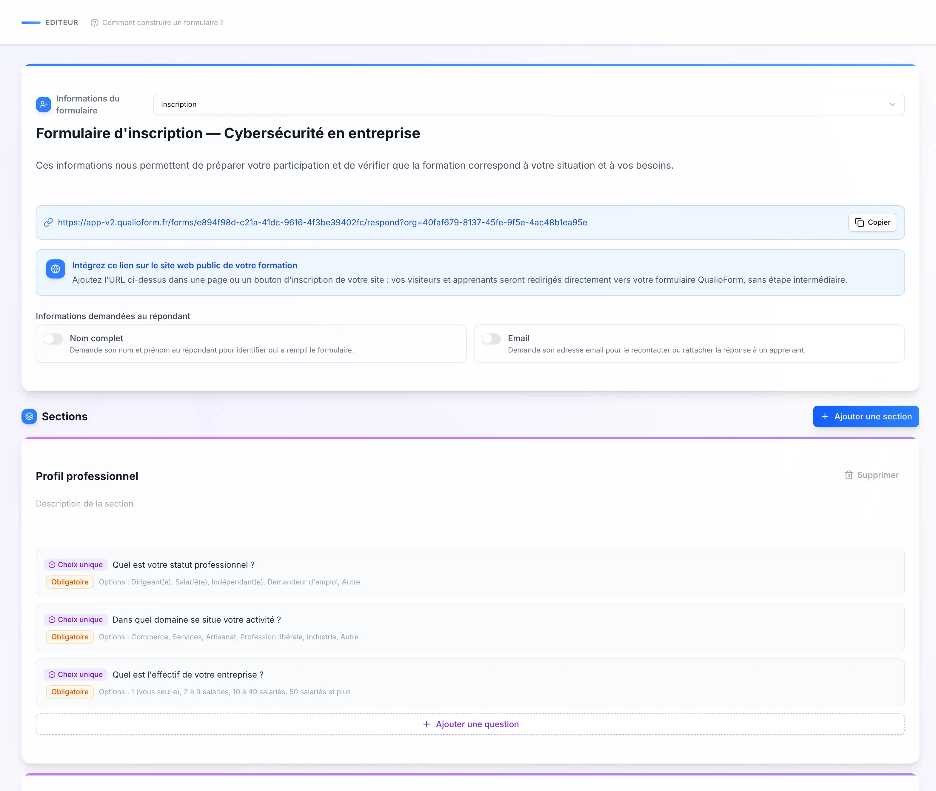 Éditeur du bulletin d'inscription avec son lien public partageable à placer sur le site de l'organisme