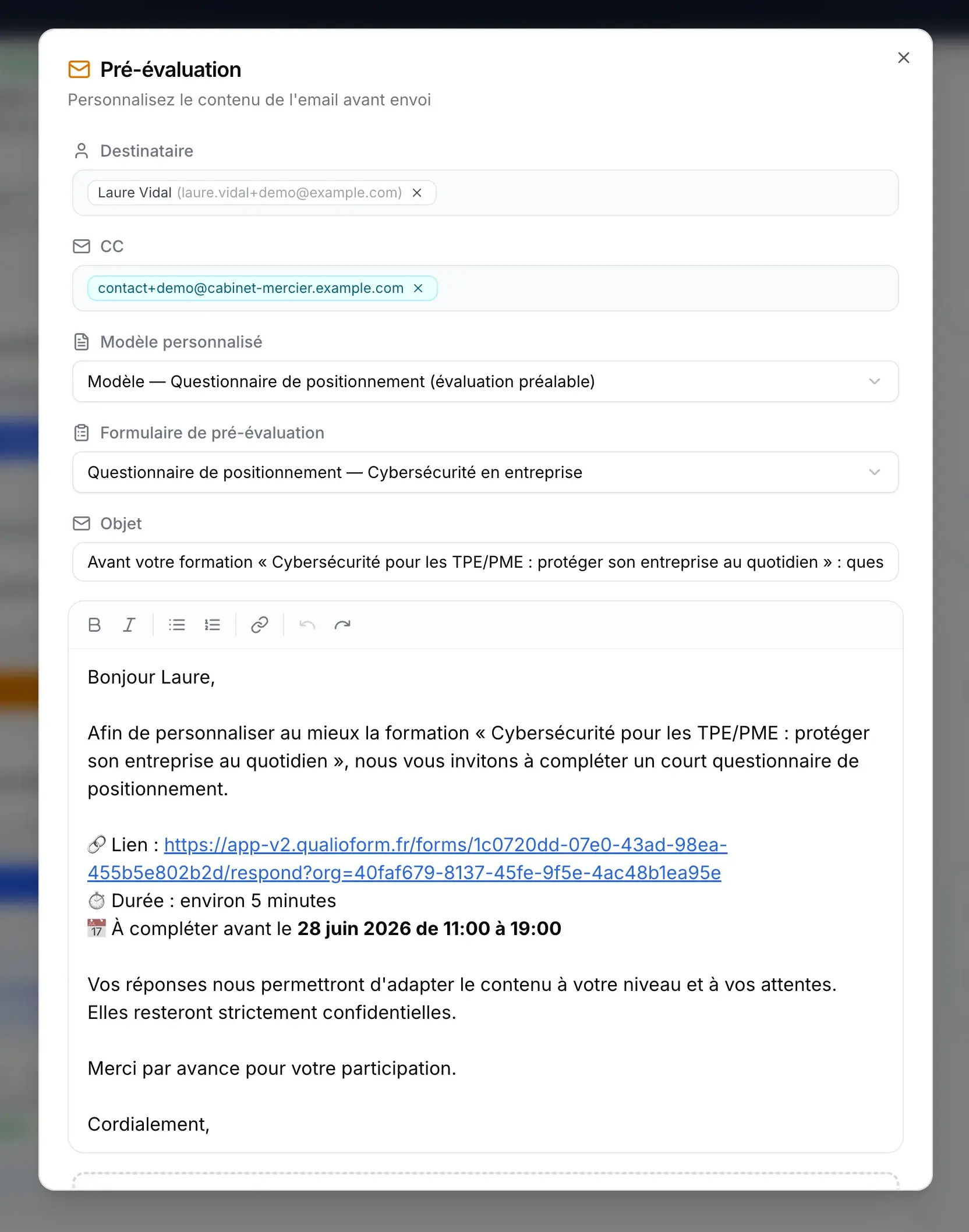 Envoi par e-mail du questionnaire de pré-évaluation (positionnement)