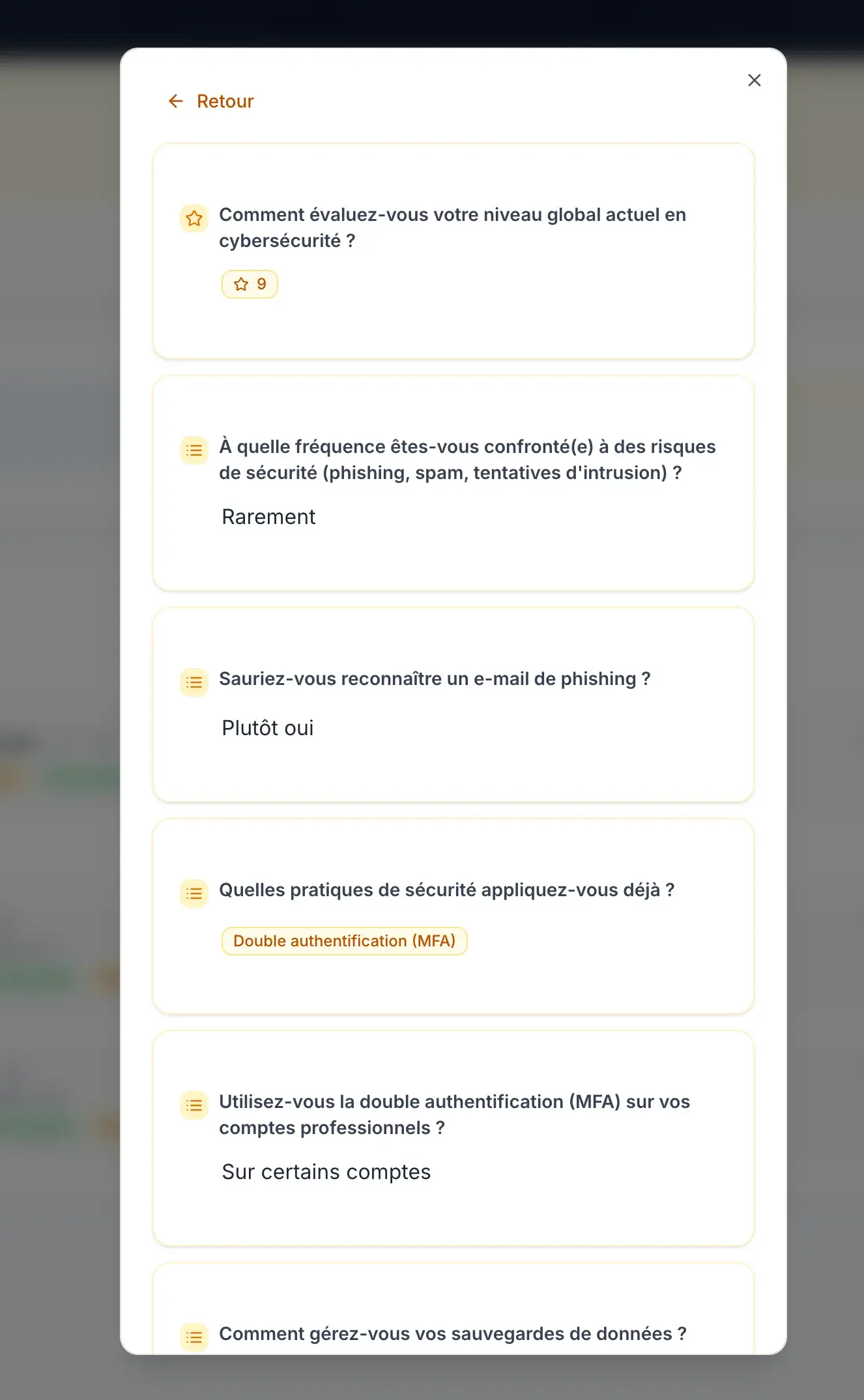 Réponses à un questionnaire de pré-évaluation (positionnement à l'entrée)