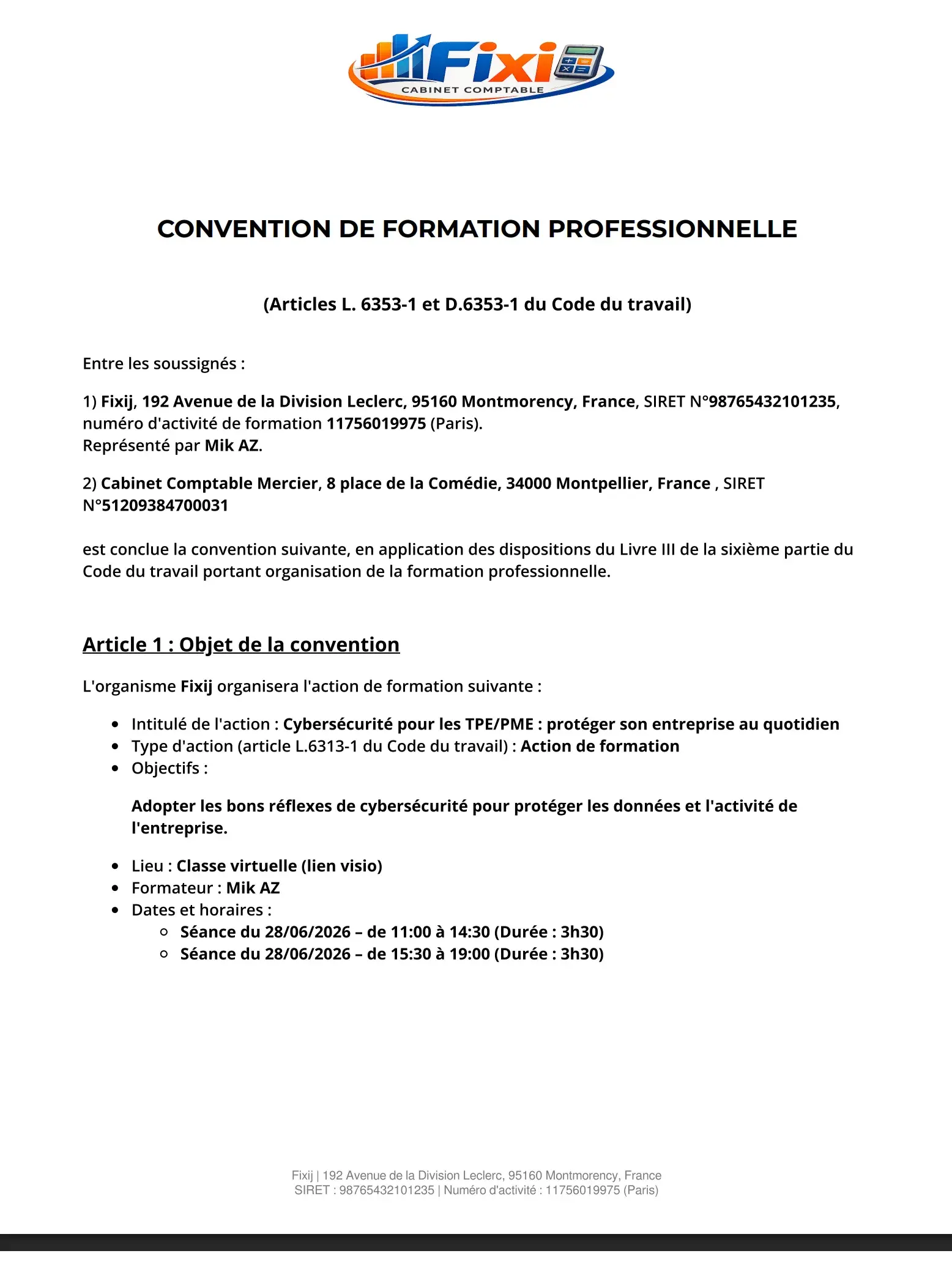 Convention de formation professionnelle générée automatiquement, pré-remplie avec le logo de l'organisme