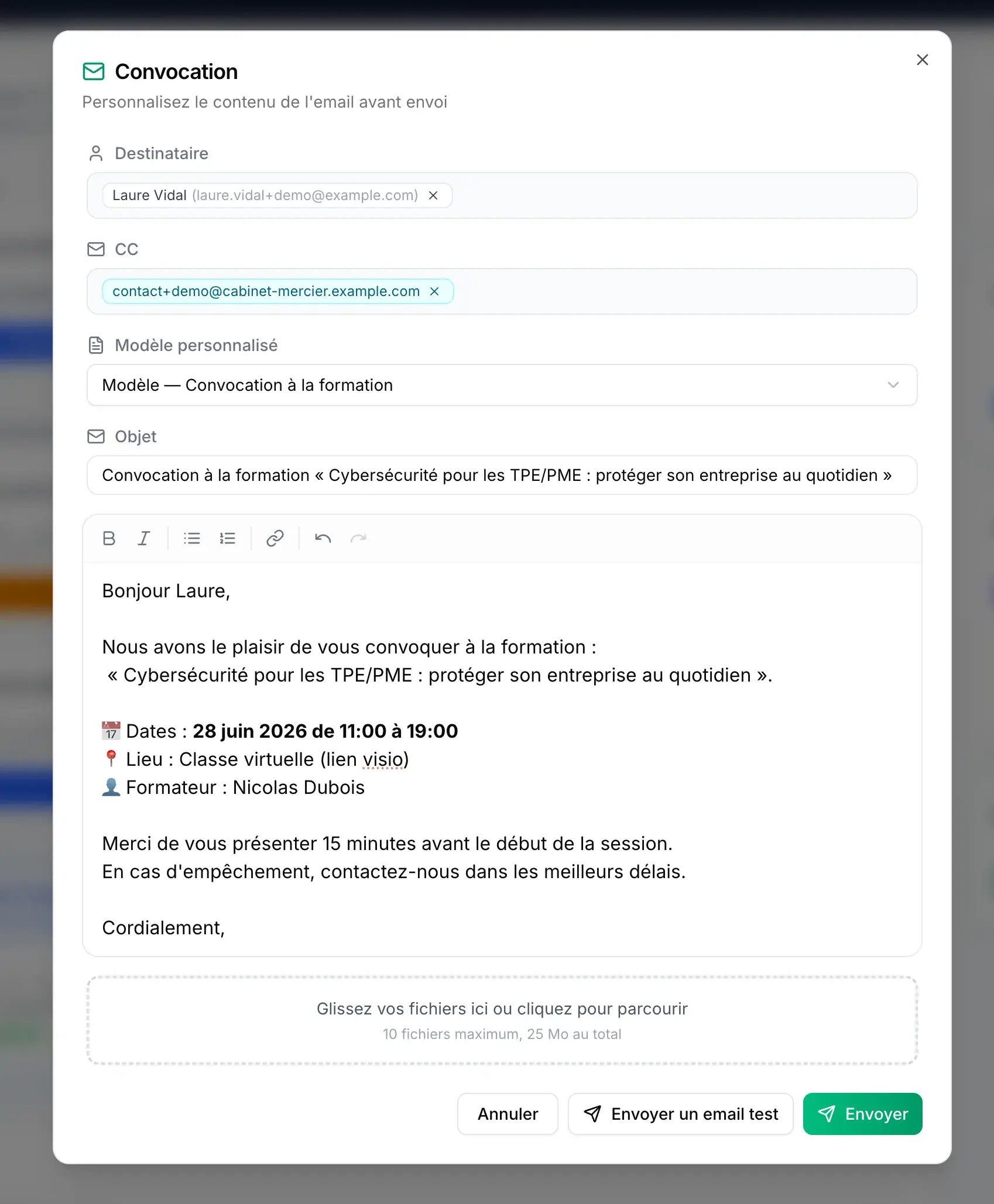 Composition d'un e-mail de convocation personnalisé, avec pièces jointes
