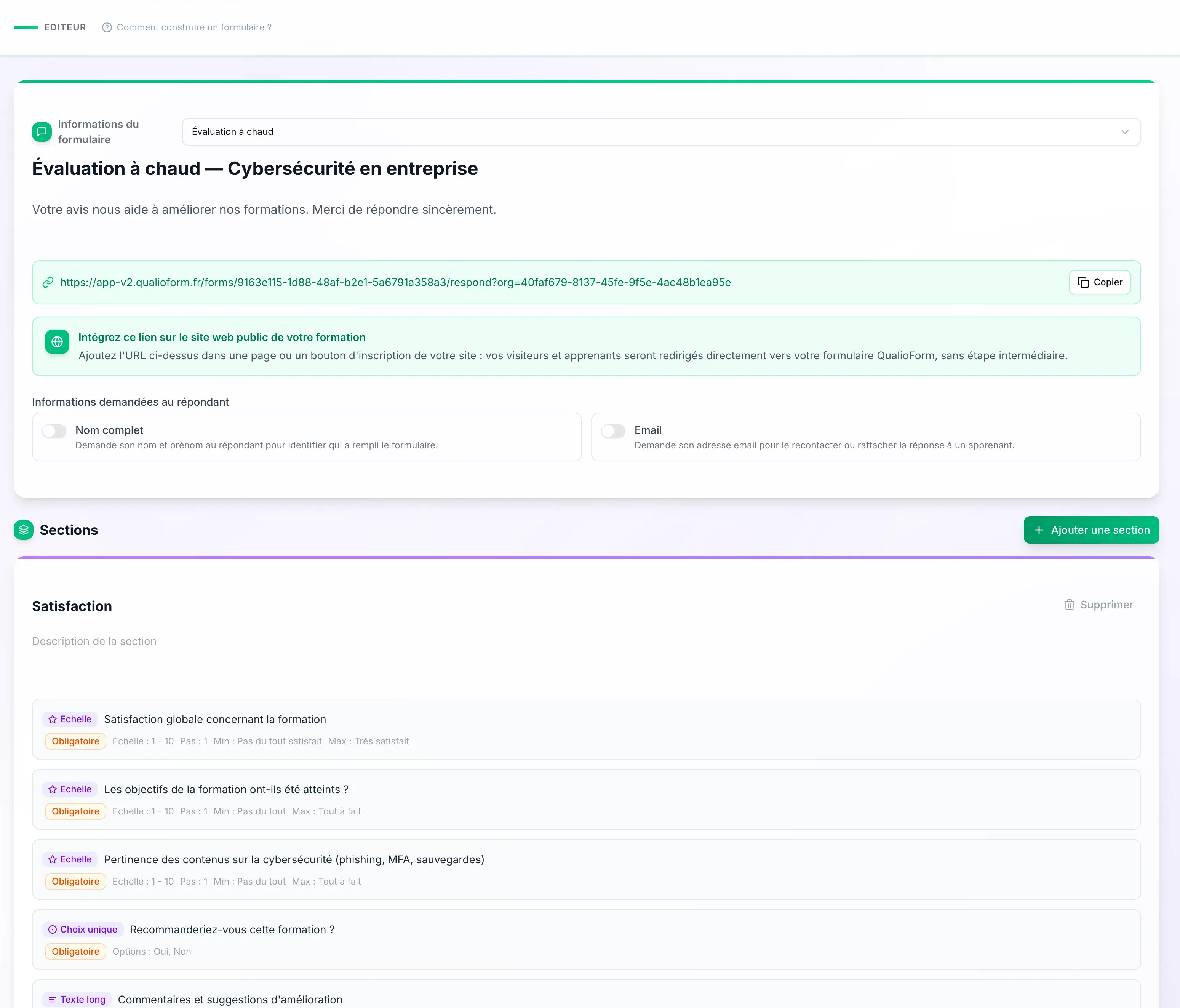 Éditeur du questionnaire d'évaluation à chaud (satisfaction) avec son lien public partageable