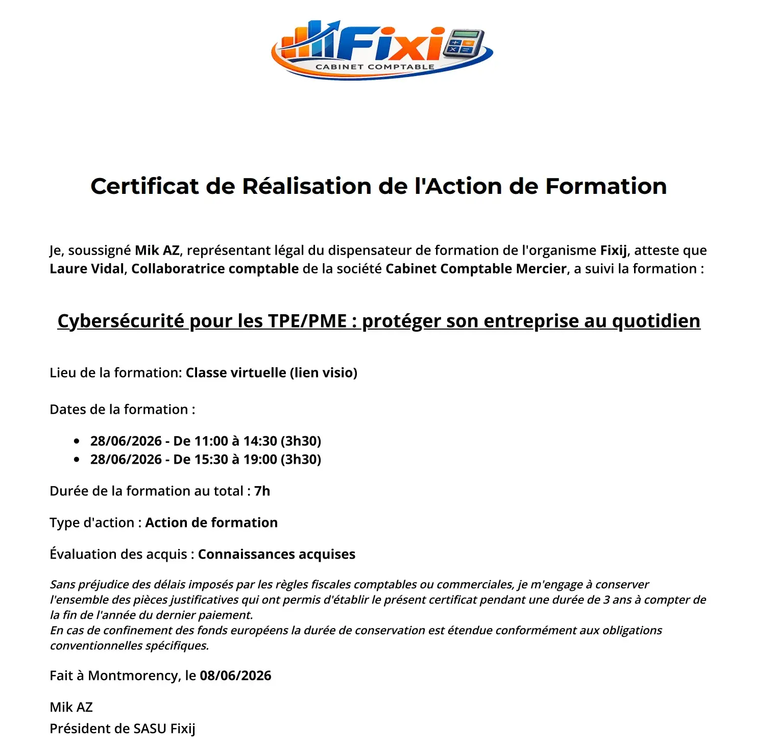 Certificat de réalisation de l'action de formation, avec niveau d'acquisition des acquis